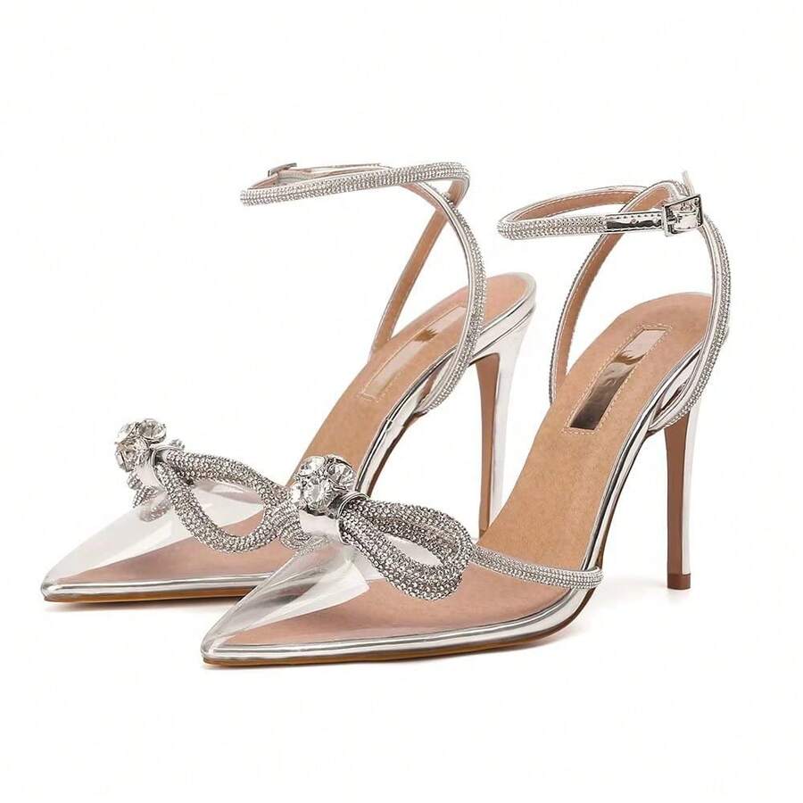 MUCCCUTE Bieosnli Women's Satin Lace Up High Heel Sandals Ankle Buckle Straps Pump Rhinestone Strip Bowknot Pointed Toe Stiletto Sandals - 彩色 - 查看 1