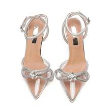 MUCCCUTE Bieosnli Women's Satin Lace Up High Heel Sandals Ankle Buckle Straps Pump Rhinestone Strip Bowknot Pointed Toe Stiletto Sandals - 彩色 - 查看 2