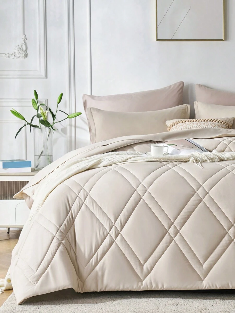 7 Piece Bed In A Bag Comforter Set Queen, Fashion Solid Geometry Comforter And Sheet,Pillowcase Set, Soft Microfiber , Comfortable And Warm Bedding Set,Bedroom Decor For All Seasons,Ideal Gift - 卡其色 - 查看 1