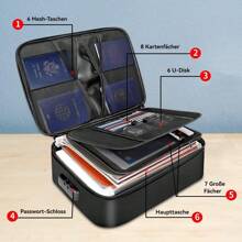 Dokumententasche, 36.14 ∗ 27.4 ∗ 10,4 cm, mit Sicherheitsschloss, Aktentasche, Feuerfeste, Wasserdichte, 7 Fächer, großer Stauraum, zum Aufbewahren und Organisieren wichtiger Dokumente