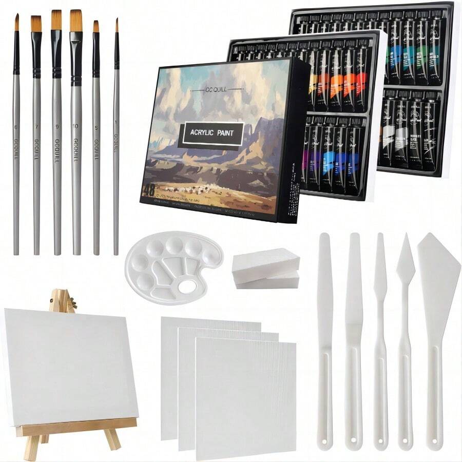 48 Color Paint Set 48 Acrylic Paints, Color Palette, 6 Paintbrushes