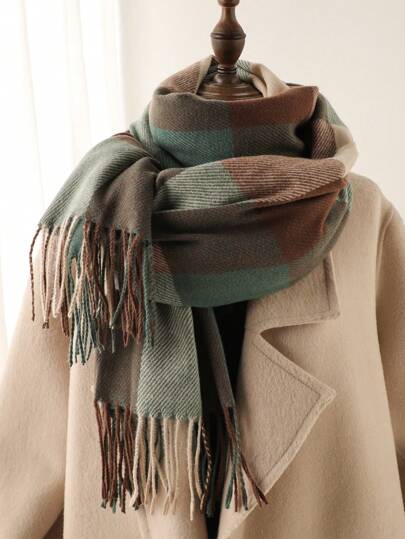 1pc Eșarfă de iarnă nouă pentru cap pentru femei, imitație de cașmir în carouri, eșarfe de damă, modă simplă, eșarfă cu inele cu ciucuri, pătură șal caldă, unisex, rece, potrivită pentru călătorii zilnice, îmbrăcăminte ocazională