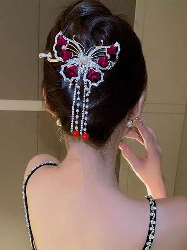 1pc Women's Butterfly Rhinestone Red Lily Of The Valley Flower Twist Hair Clip Suitable For Daily Wear Party Elegant Claw Clips Hair Claws Hair Barrettes