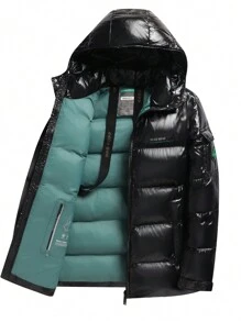 Men Belt And Roll Out Glossy Bread Winter Coat, Nine Quarter Sleeves, Warm, Vertical Stripes, Double Pockets, Small Leather Collar, Casual Warm Long Sleeved Winter Coat, Fall/Winter