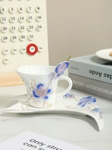 1 件优雅个性化陶瓷咖啡杯碟套装，带新月形碟子，适合家庭、咖啡厅/俱乐部、咖啡/茶杯碟使用 - 彩色 - 查看 3