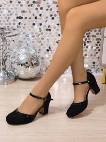 Women's Black Hollow Out Sandals With Retro Girly Vibe, Featuring Suede-Like Fabric And Mirror Material, Mary Jane Style, Comfortable Thick Block Heel Perfect For Party, Workplace And Showing Off Feet, Suitable For Spring/Summer