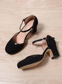 Women's Black Hollow Out Sandals With Retro Girly Vibe, Featuring Suede-Like Fabric And Mirror Material, Mary Jane Style, Comfortable Thick Block Heel Perfect For Party, Workplace And Showing Off Feet, Suitable For Spring/Summer
