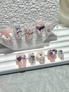 10 件樱花美甲甜美梦幻幻想手工可穿戴指甲天使翅膀指甲贴粉色爱心钻石假指甲樱花美甲甜美梦幻幻想手工可穿戴指甲天使翅膀指甲贴粉色爱心钻石假指甲按压指甲/棺材钉/按压指甲中号/指甲用品（1 张果冻贴纸+1 个指甲锉） - 淺粉色 - 查看 2