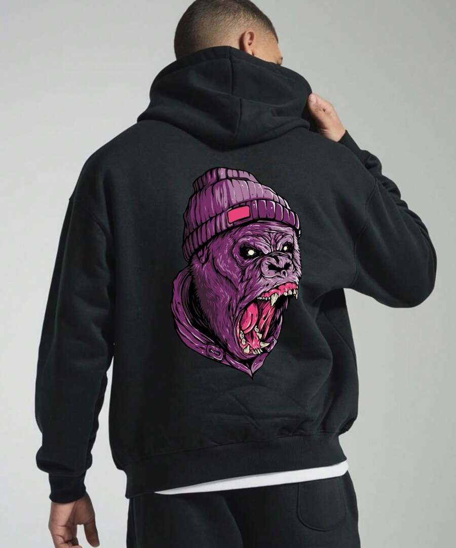 Men's Hoodie With "GORILLA FACE" Design - Black - View 1