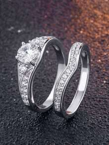 盒装镶钻订婚戒指，纯铜高端戒指适合女士婚礼和日常佩戴，节日礼物 - 銀色 - 查看 2