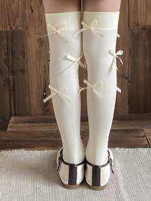 2 đôi tất cao đến đầu gối màu trơn có nơ trang trí cho trẻ em - Nhiều màu - Xem 3