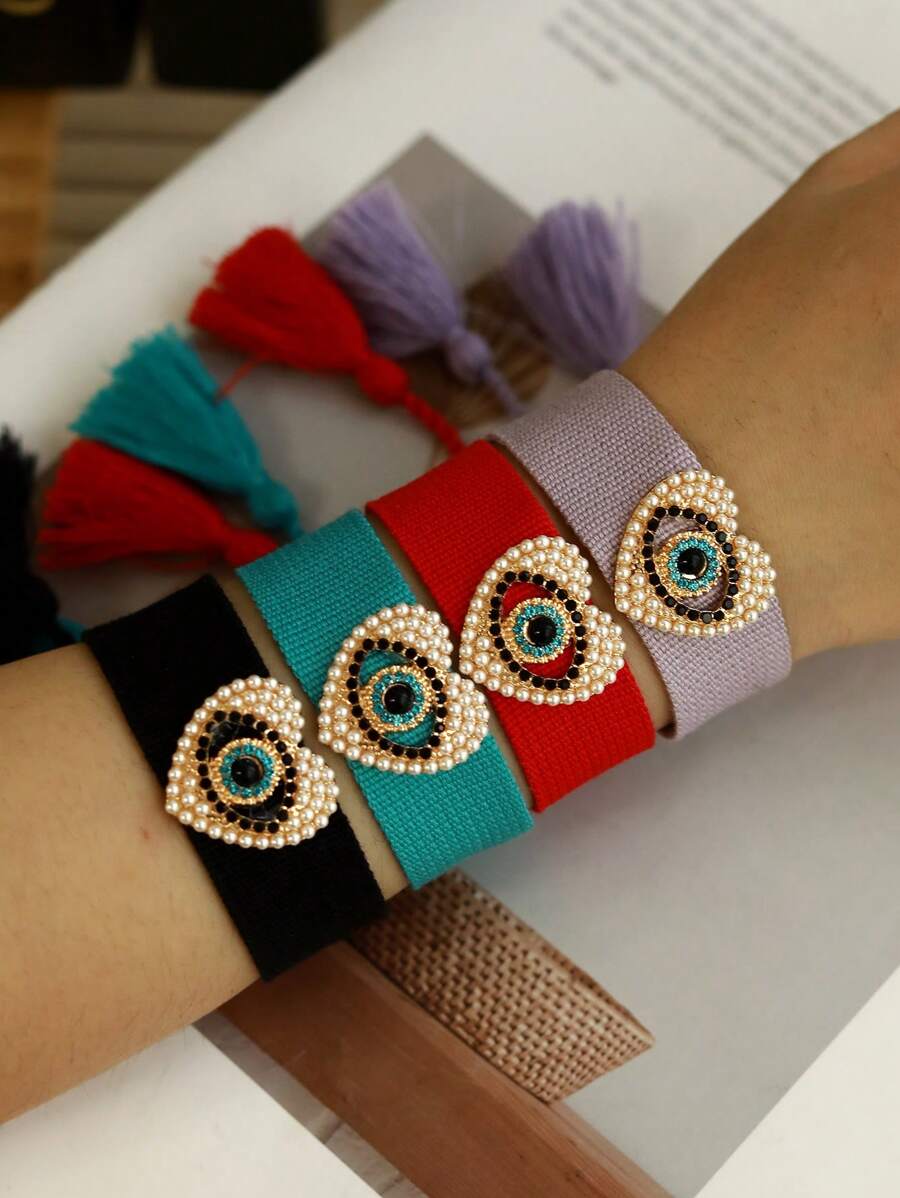 1pc Boho Vintage Style Elegant Alloy Heart & Eye Decor Bracelet, Suitable For Women, Sisters & Couples, Perfect Gift For Valentine's Day/Prom/Graduation, Versatile For Daily Wear, Parties, Weddings & Events, Adjustable Size, Red Accessory
