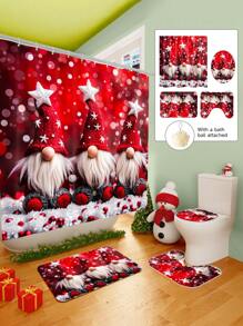 1/2/3/4 Pieces Three Christmas Gnomes Pattern Digital Printed Waterproof Shower Curtain, Bathroom Set, Bathroom Non-Slip Mat, Toilet U-Mat, Toilet Cover, Comes With 12 Hooks And 1 Shower Globe, Perfect Christmas Gift For Yourself And Your Family, Multiple Sizes Available! Home Bathroom Decor Fall Decor Bathroom Accessories Back To School