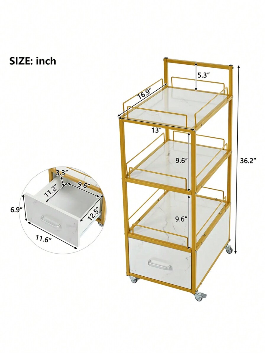 Hair Salon Storage Tool Cart With Lockable Rolling Wheels, Metal Frame