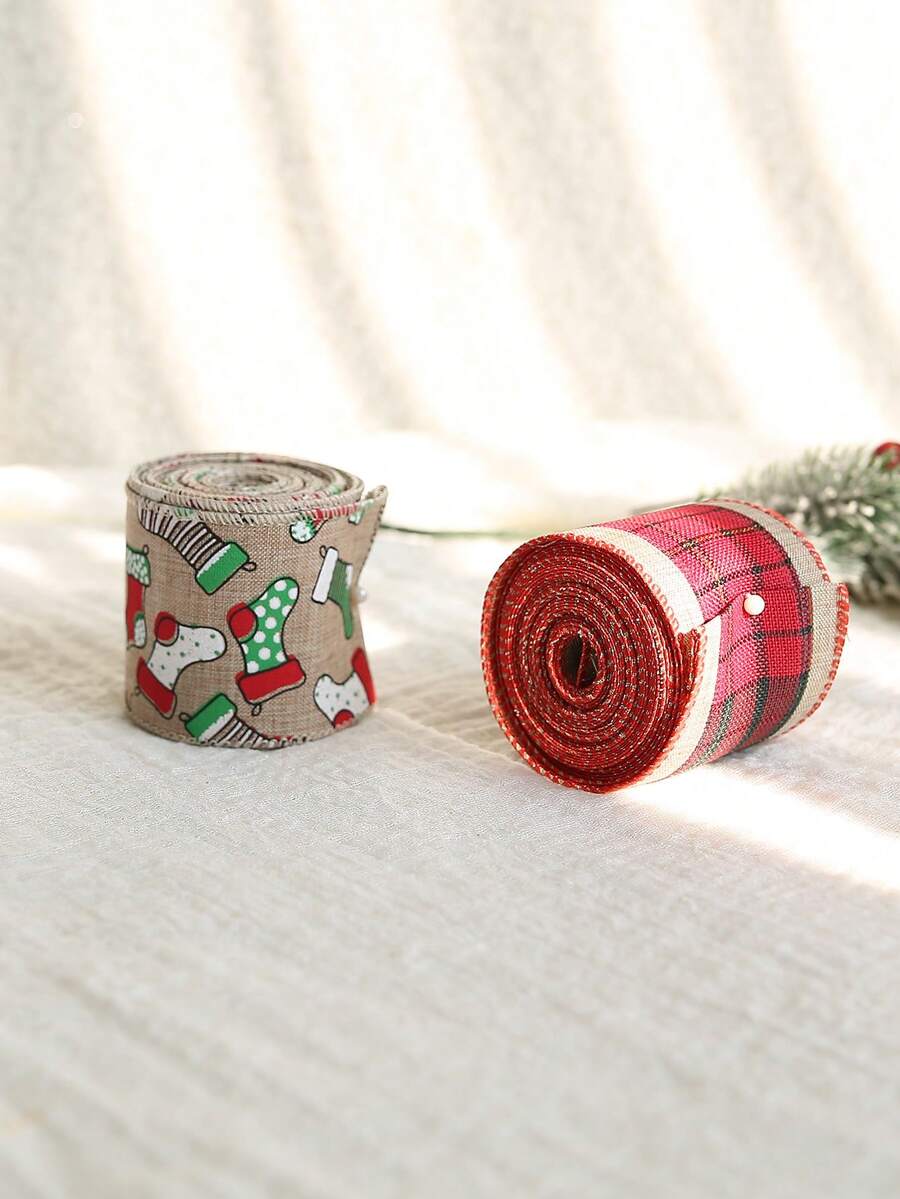 Ruy băng viền dây sắt Giáng sinh in vải trang trí ngày lễ nơ ruy băng, vật dụng trang trí cây thông Noel tự làm, phụ kiện tiệc, họa tiết bông tuyết và vớ ngụy trang - Tất kaki nhiều màu 6.3cm - Xem 1