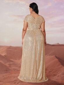 YISIKADO Đầm dạ hội cổ chữ V đính sequin cỡ lớn cho nữ, váy dạ hội trang trọng thanh lịch, dành cho khách dự tiệc cưới, tốt nghiệp, tiệc tối - Rượu sâm banh - Xem 2