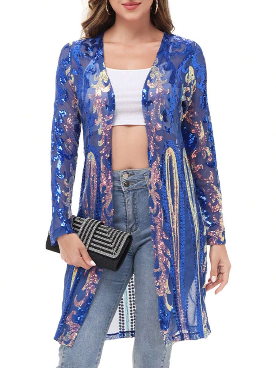 Women's Sparkly Sequin Cardigan Long Sleeve Open Front Glitter Kimono - 藍色 - 查看 1