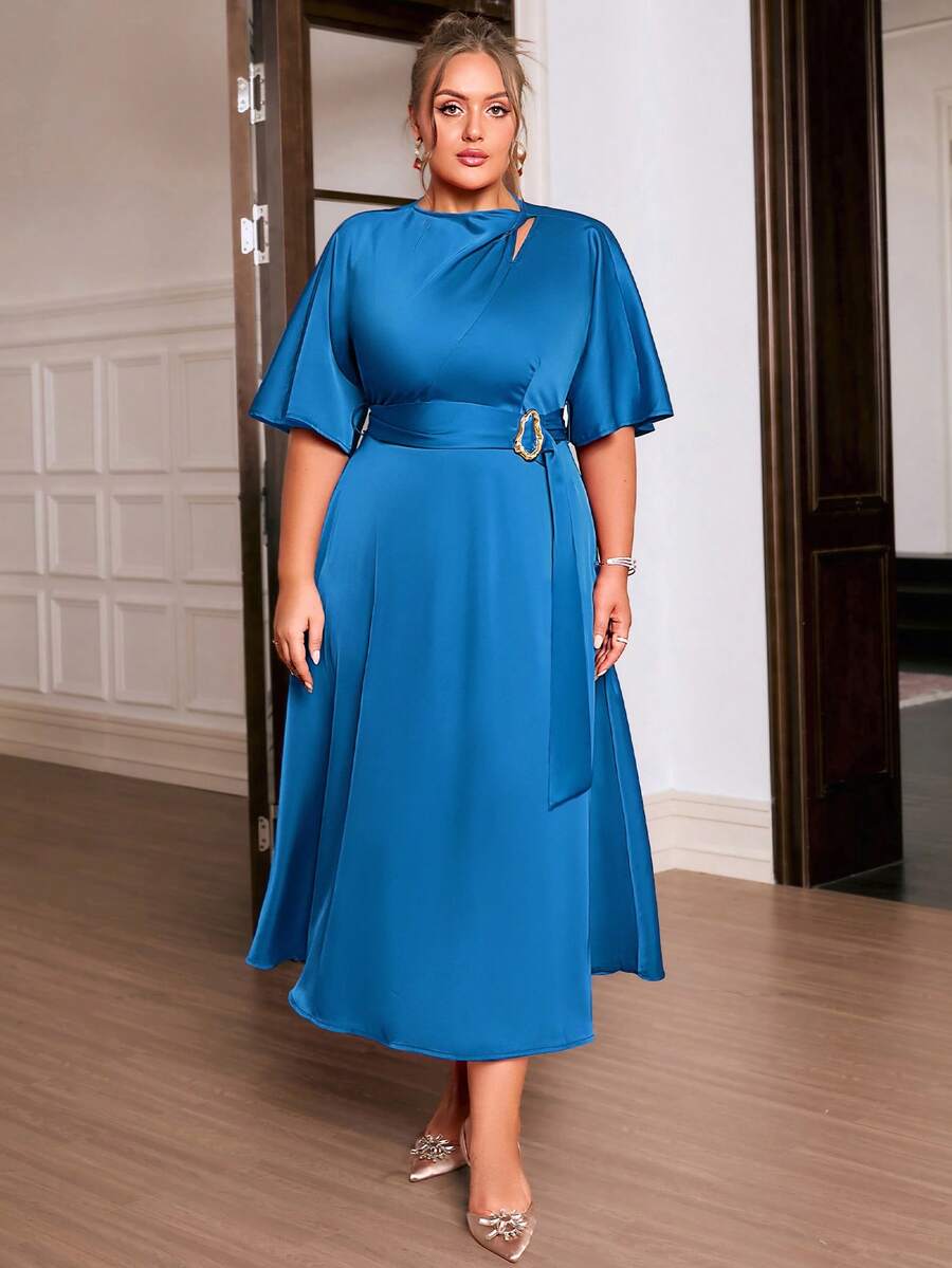 Sollinarry 大码女式优雅纯色镂空肩法式连衣裙，婚礼宾客连衣裙，夏季 - 寶藍色 - 查看 1