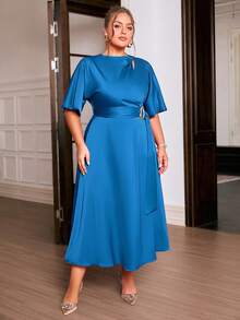 Sollinarry 大码女式优雅纯色镂空肩法式连衣裙，婚礼宾客连衣裙，夏季 - 寶藍色 - 查看 4