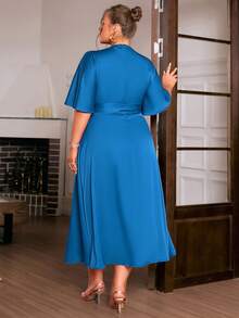 Sollinarry 大码女式优雅纯色镂空肩法式连衣裙，婚礼宾客连衣裙，夏季 - 寶藍色 - 查看 2