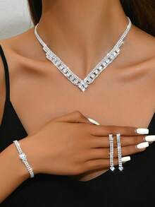 1 套奢华闪亮水钻耳环、项链和手链首饰套装，适合女性日常、婚礼、宴会、派对佩戴（不含盒子） - 首飾套裝 - 查看 8