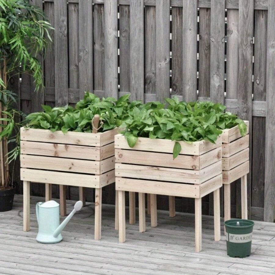 Outsunny 4PCS Raised Garden Bed, Wooden Elevated Planter Box Kit With