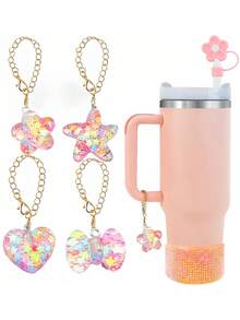 Bộ 4 chiếc ống hút, hộp quà hình sao biển, sao năm cánh, trái tim, nơ, bộ trang trí cốc treo thời trang & sáng tạo cho bé gái, phụ kiện cốc - Nhiều màu - Xem 1