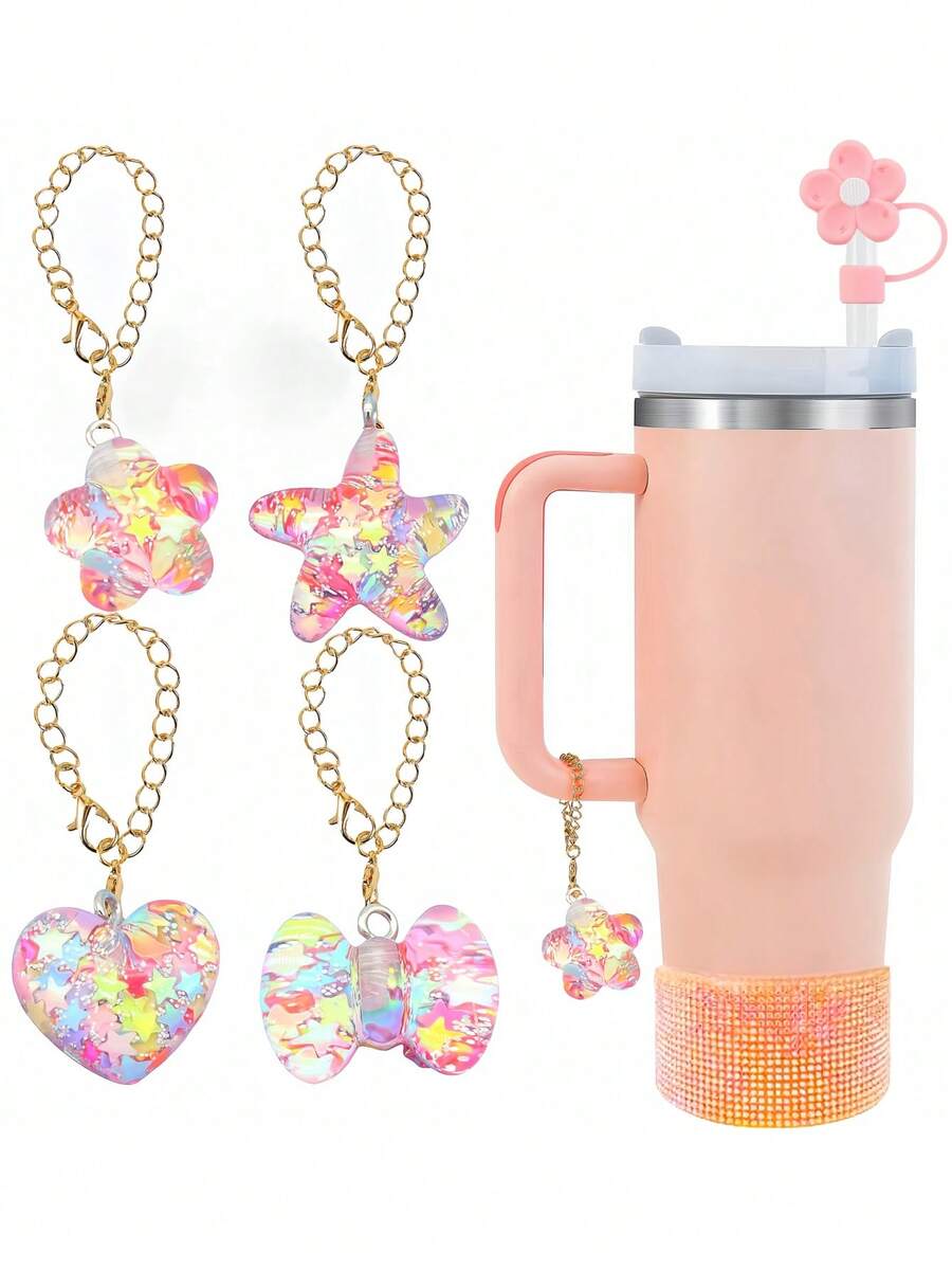 Bộ 4 chiếc ống hút, hộp quà hình sao biển, sao năm cánh, trái tim, nơ, bộ trang trí cốc treo thời trang & sáng tạo cho bé gái, phụ kiện cốc - Nhiều màu - Xem 1
