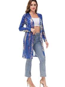 Women's Sparkly Sequin Cardigan Long Sleeve Open Front Glitter Kimono - 藍色 - 查看 3