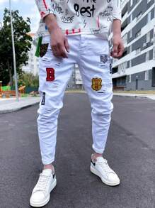 Men's Fashion Ripped Letter Embroidered Stretch Skinny Jeans - White - View 3