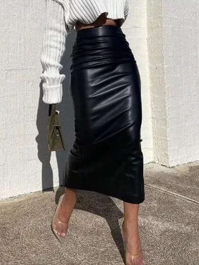 Women's Sexy Sleek PU Midi Skirt, Versatile Casual Fashion Party Wear For Spring & Summer