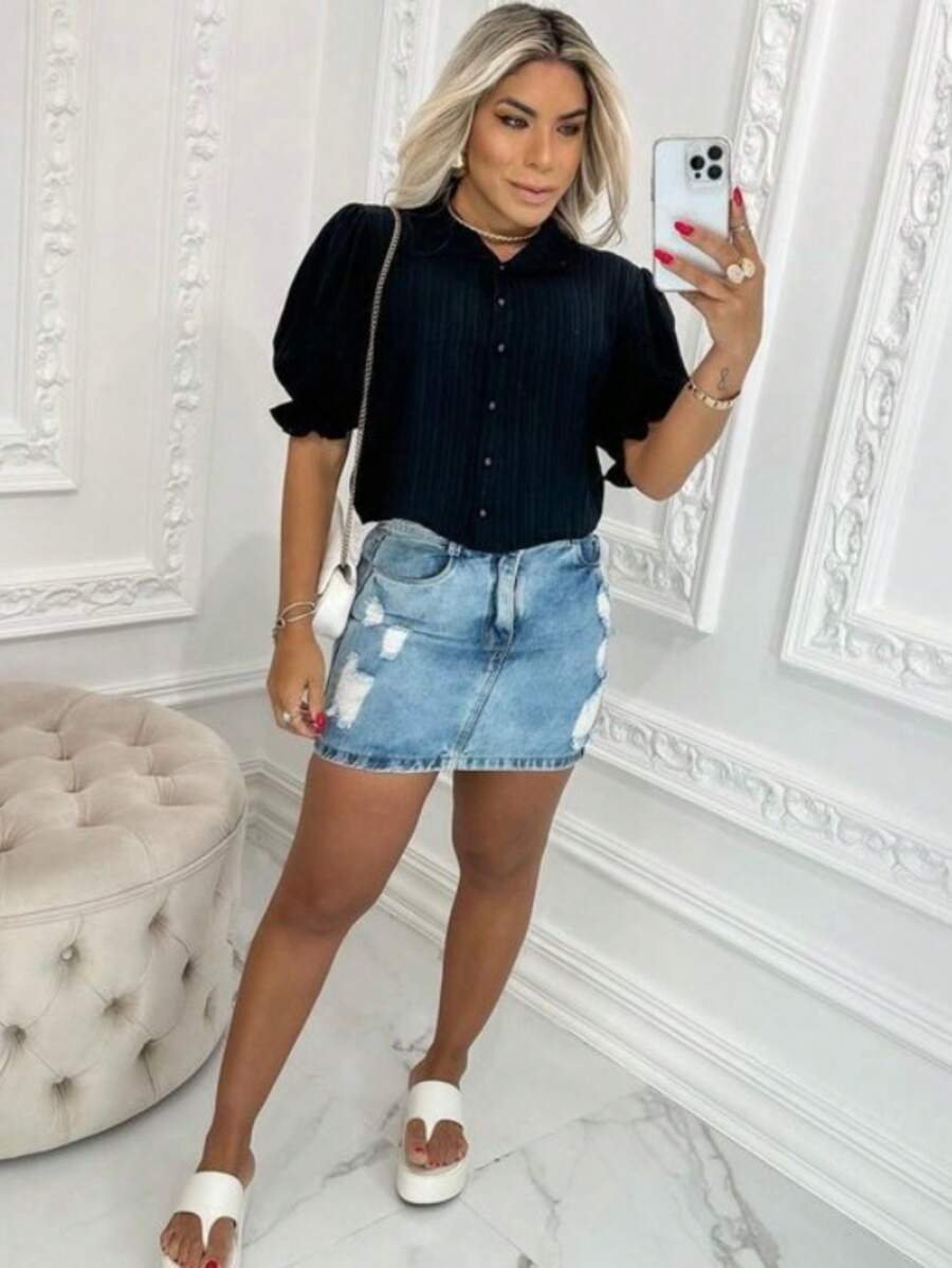 Short Sleeve Princess Shirt - 黑色 - 查看 1