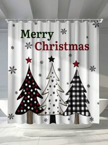 1 件圣诞树、雪花、星形装饰数码印花防霉防水浴帘，配有 12 个塑料挂钩和金属索环，耐用坚固的浴室配件 - 彩色 - 查看 9