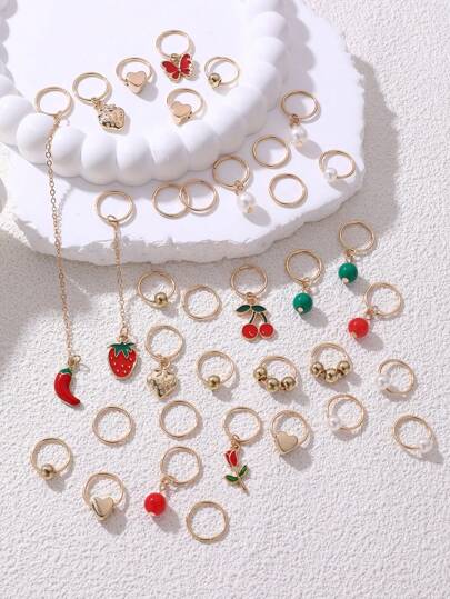 35件套女士发饰，时尚优雅红色系列，甜美Y2K风格，包含樱桃、草莓、玫瑰、辣椒、蝴蝶爱心装饰发夹和发圈，适合日常佩戴、春夏派对和聚会。