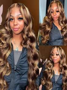 Ombre 13X4 波浪蕾丝前假发 人发 4/27 13x4 透明波浪高光蕾丝前假发 人发 预拔婴儿发 30 英寸蕾丝前假发 人发 150% 密度 BOB 假发 8-16 英寸 - SP4/27 - 查看 3