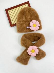 1 件女童针织花帽和围巾套装，冬季加保暖内衬，婴儿幼儿甜美英文字母和人造毛皮 2 件套 - 2PC - 查看 14