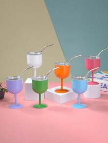 1 件双层迷你不锈钢高脚杯带吸管，4 盎司派对葡萄酒/香槟杯，情人节礼物，适用于户外、露营 - 彩色 - 查看 7