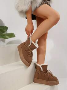 2024 秋冬新款厚底雪地靴女毛绒拖鞋户外时尚保暖冬季鞋 - 卡其色 - 查看 1