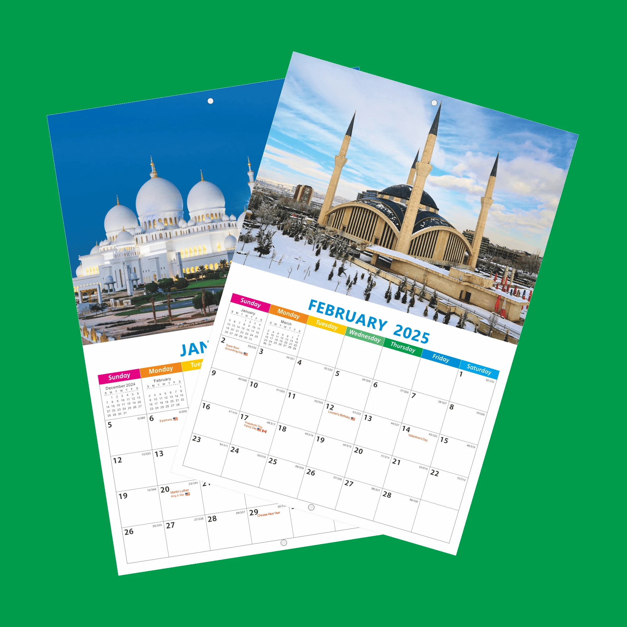 2025 Halal Themed Wall Calendar. Printed With Famous Mosques Around The