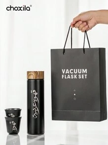 choxila 3pcs Coffee Gift Set, Included 1pc 400ml Stainless Steel Water Bottle And 2pcs 80ml Cups, Insulated Tumbler With Wood Grain Lid, Travel Water Bottle, Metal Coffee Bottle, Water Cup, Coffee Cup,Back To School