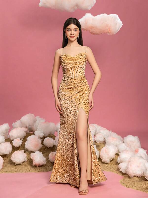 Teen Girl Spaghetti Strap Draped Neck Slit Sequin Party Dress