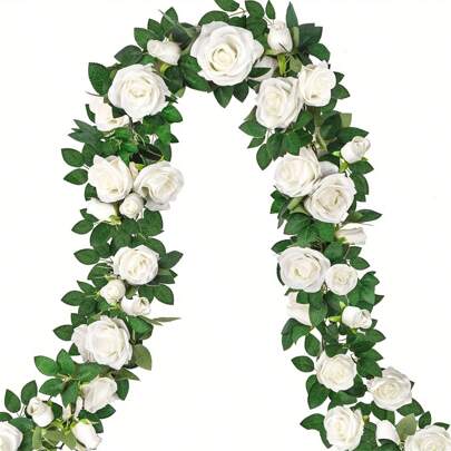 1pc, 200cm/78.7in White Rose Artificial Flower Wreath, Artificial Flower Vine, Silk Floral Garland, For Wedding Arch, Garden Backdrop, Outdoor Wall Decor, Engagement & Reception Decor, Table Decoration,Centerpieces,Artificial Flowers,Plastic Flowers, Valentine's Day, Gift Home Decor Christmas Decorations Room Decor Christmas