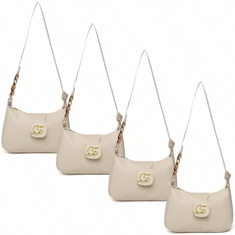 Kit Of 4 Women's Crescent Moon Bags, Small Bag, Elegant, Everyday, Party, Smooth Handle And Side Chain, Zipper And Magnetic Closure, Synthetic PU. Gaby Show - Màu be - Xem 1