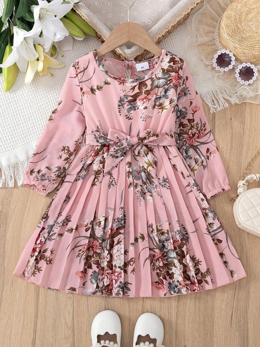 2 件装年轻女孩时尚休闲花卉印花荷叶边下摆长袖连衣裙，腰带，春秋季 - 粉色 - 查看 1