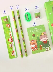 6pcs Christmas Stationery Set, School Activities Rewards, Small Prizes, Learning Supplies, Pencils Set, Halloween Small Gift - Red - View 3