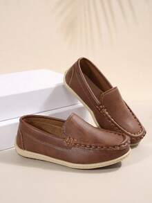 男童平底一脚蹬乐福鞋小皮鞋，时尚软底休闲宽松一脚蹬复古英伦风格运动鞋船鞋，适合春秋季 - 棕色 - 查看 2