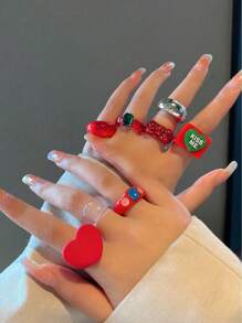 8 件套时尚红色树脂女士戒指，包括心形和方形，带水晶装饰，派对礼物珠宝情人节、妈妈、母亲、母亲节、礼物 - 彩色 - 查看 2