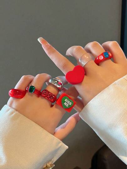8pcs Fashionable Red Polyresin Rings Set For Women, Including Heart & Square Shape With Crystal Accents, Party Gift Jewelry Valentines,Mom,Mother,Mother's Day,Gift