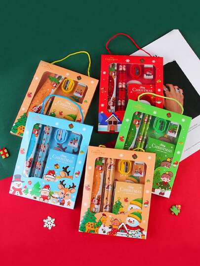 1 conjunto/24 peças/6 peças de papelaria para presente de Natal, material escolar de 6 peças, incluindo lápis, régua, apontador, bloco de notas, borracha, presente de Natal e Ano Novo, cor aleatória, lápis de cor aleatória de Natal para volta às aulas