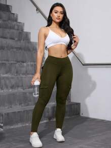 Summer Workout Women's Outdoor Utility Leggings, Utility Pockets Design Lift Butt Tight Pants, Athletic Workout Tight Pants